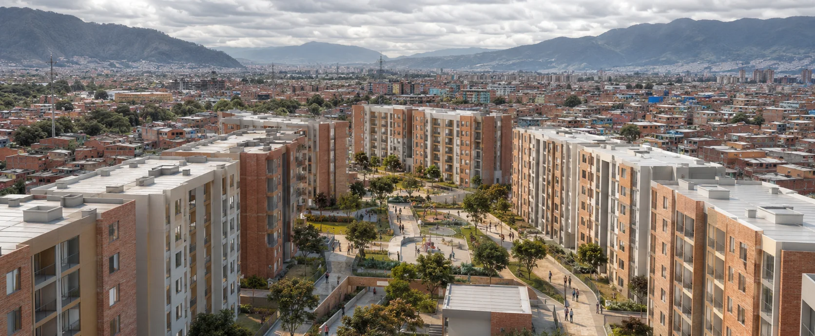 Imagen conceptual de Colinas de Providencia en Bosa, Bogotá, con el conjunto multifamiliar integrado al tejido urbano y los cerros al fondo.